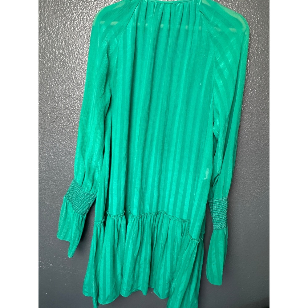Derek Lam 10 Crosby 100% Silk Green Tiered Mini Dress Smocked Sleeves Size 4 - Picture 3 of 9